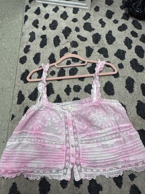 LoveShackFancy Pink and White Embroidered Lace Trim Tank Top